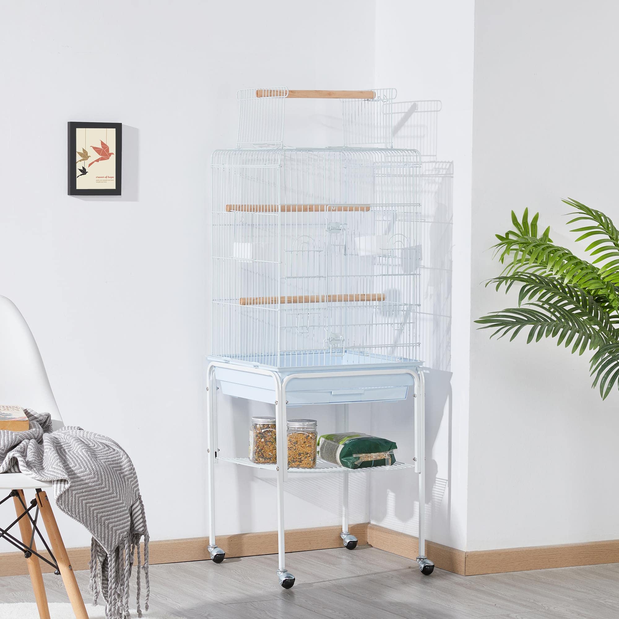 Yaheetech Play Open Top Parrot Bird Cages for Sun Parakeet Cockatiel Green Cheek Conure Lovebird w/Detachable Rolling Stand, Whi